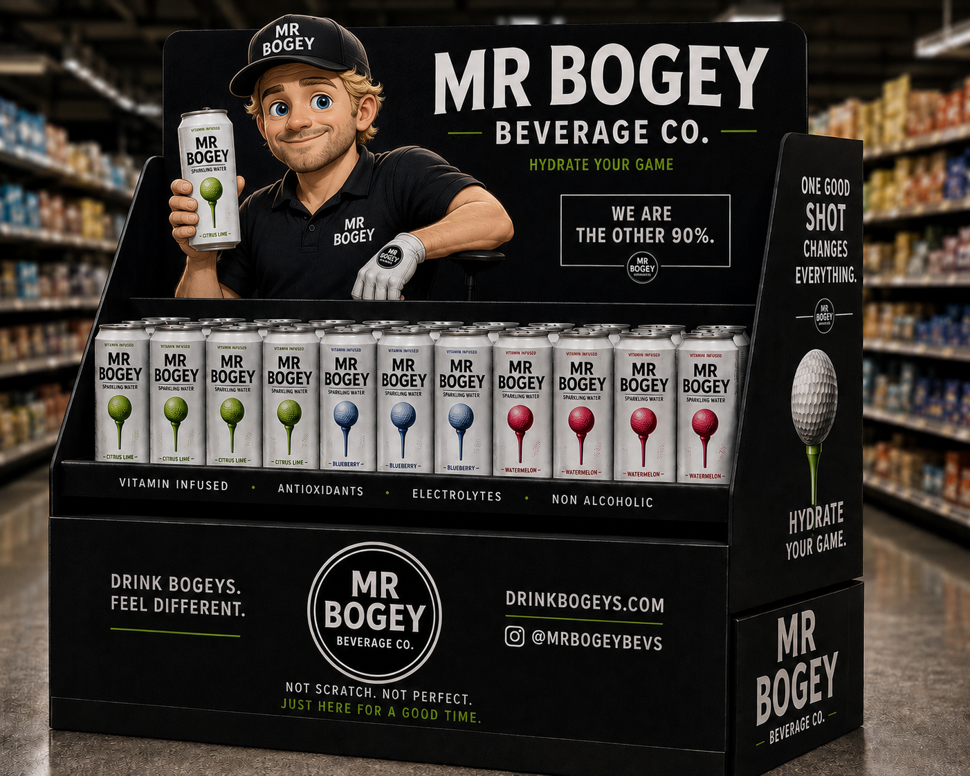 Mr Bogey beverage endcap display in store featuring Citrus Lime, Blueberry, and Watermelon sparkling water cans.