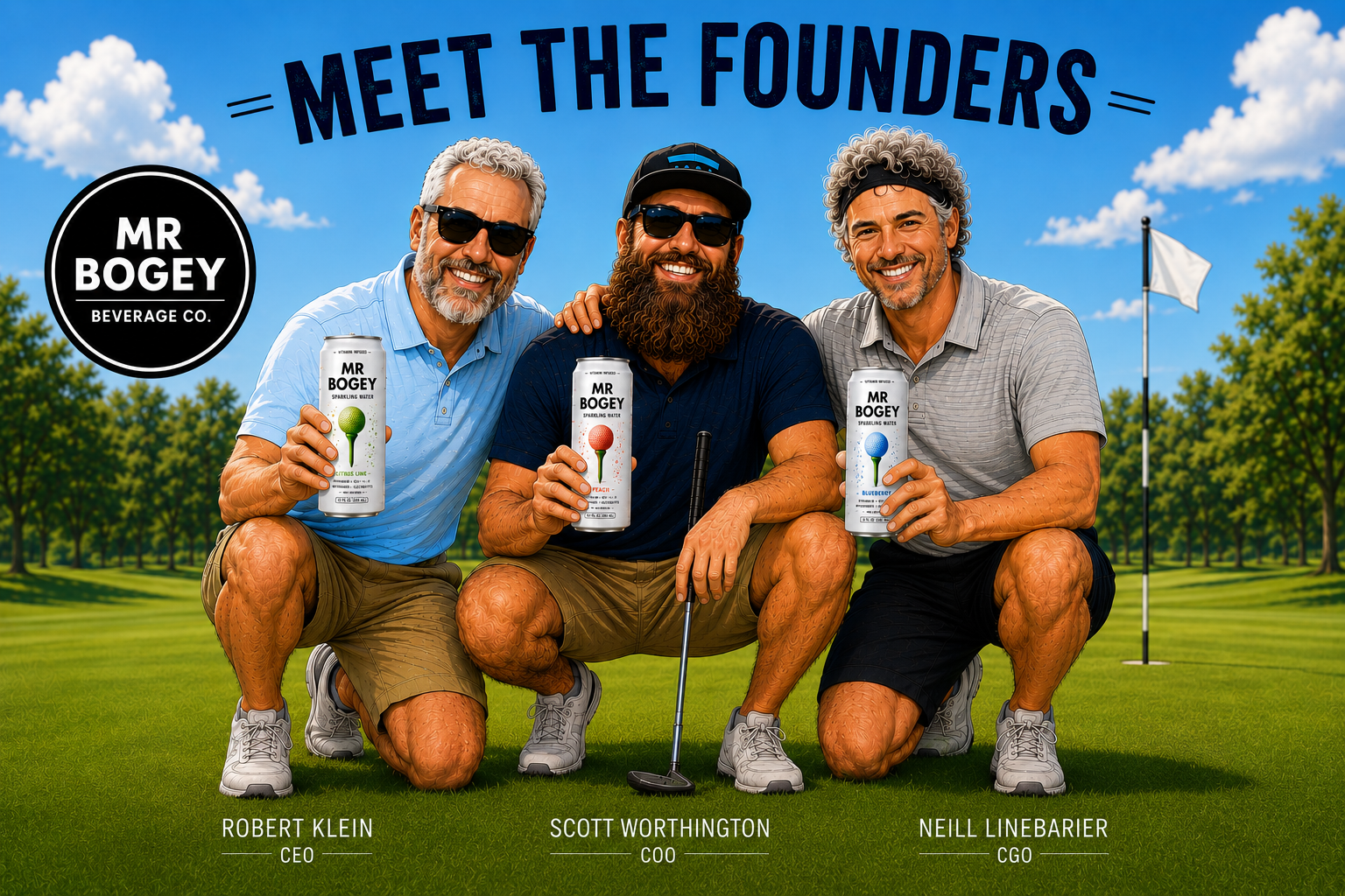 The founders of Mr. Bogey Beverage Co. — Robert Klein (CEO), Scott Worthington (COO), and Neill Linebarier (CGO) — kneeling on a putting green holding cans of Mr. Bogey sparkling water.