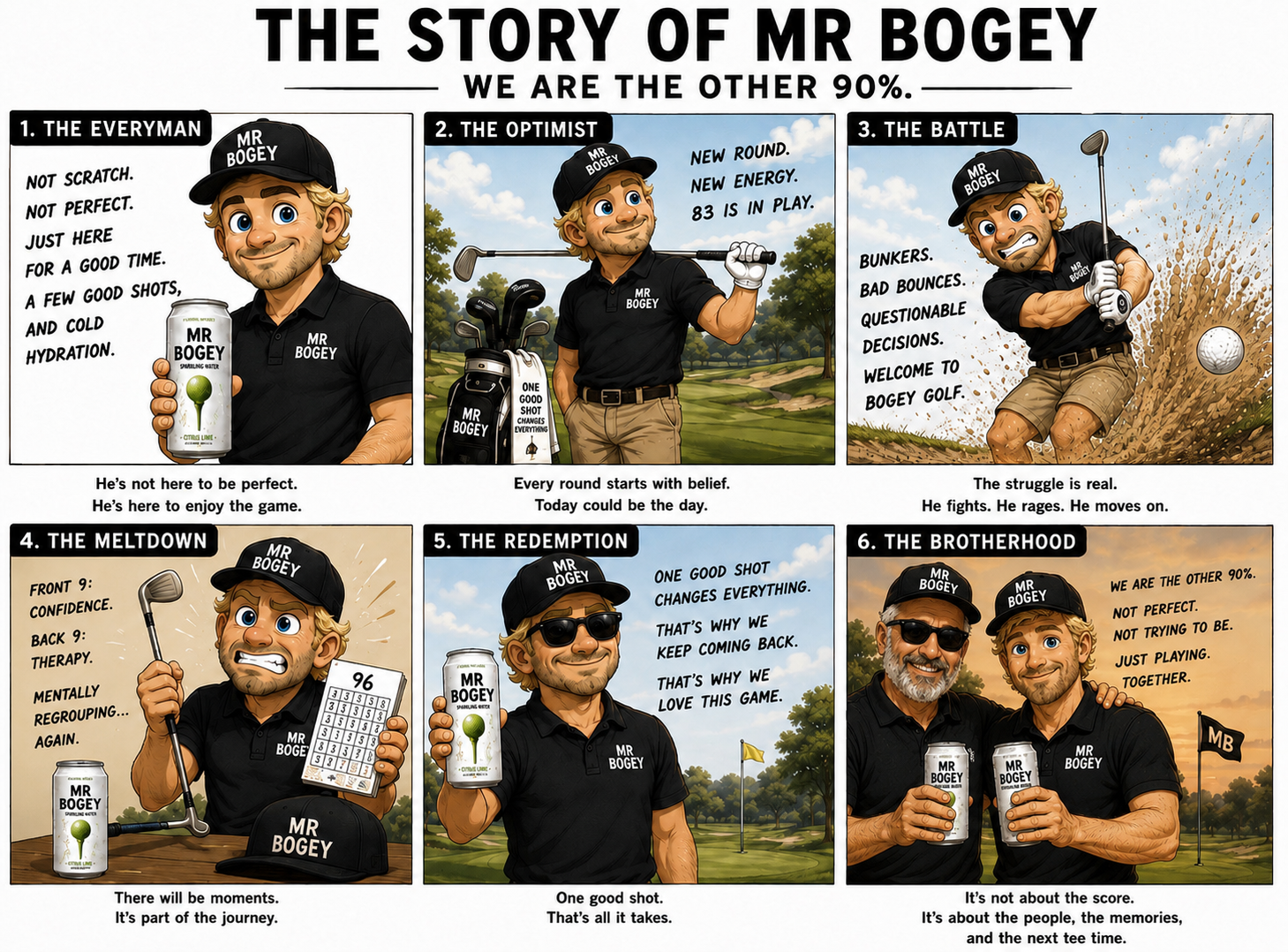 The Story of Mr. Bogey — six-panel comic following the everyman golfer through a round.